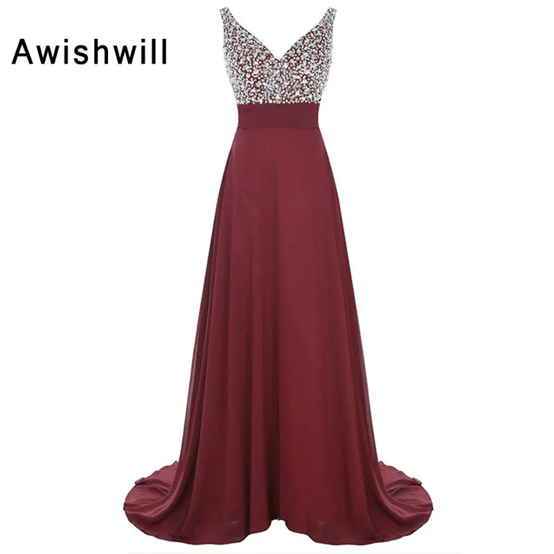 

Real Photo Long Prom Dress With Beadings V-neck Sleeveless Chiffon Women Formal Gown Elegant Evening Dress Plus Size