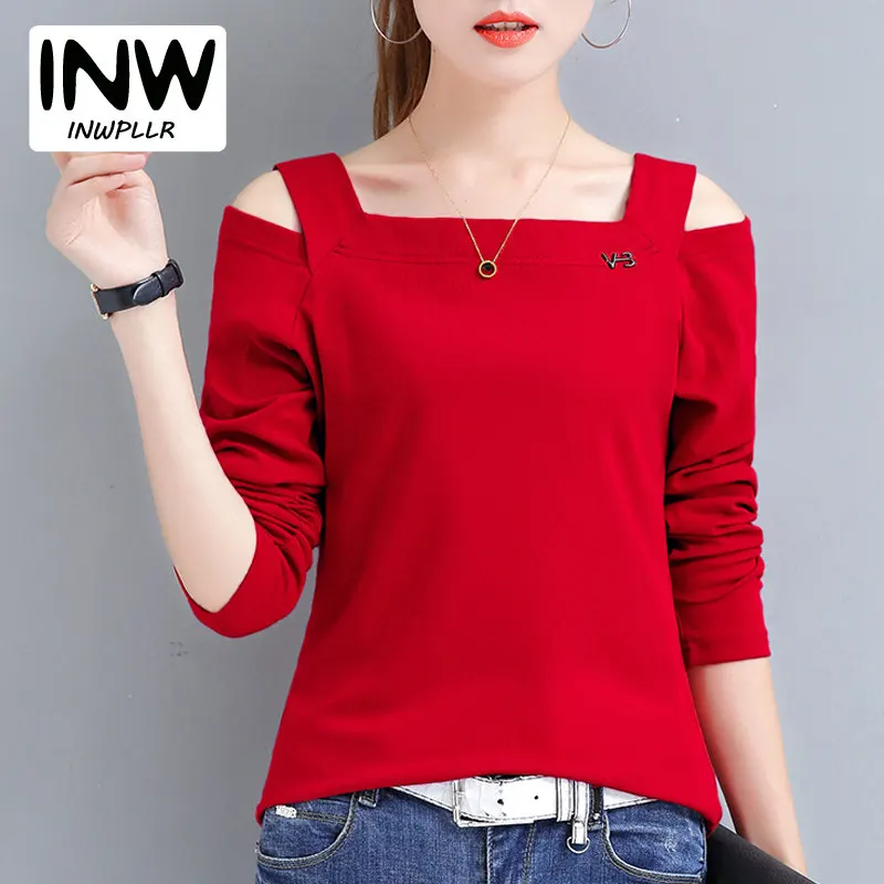 Женская футболка с открытым плечом Красная размера плюс длинным рукавом осенняя