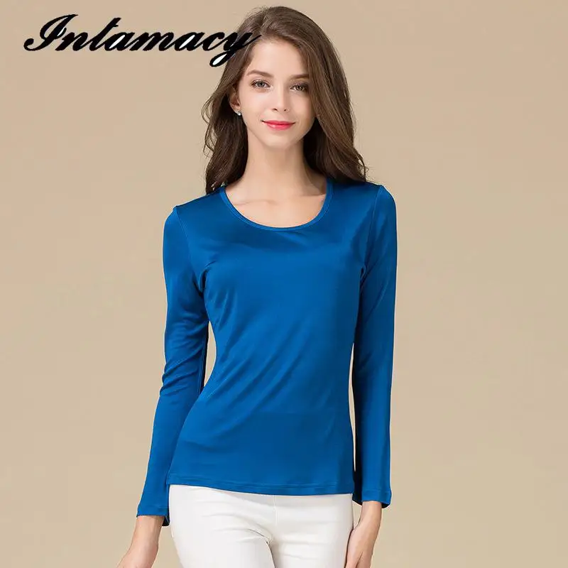 Осенняя новая шелковая двойная вязка Классическая футболка с длинным рукавом 100%