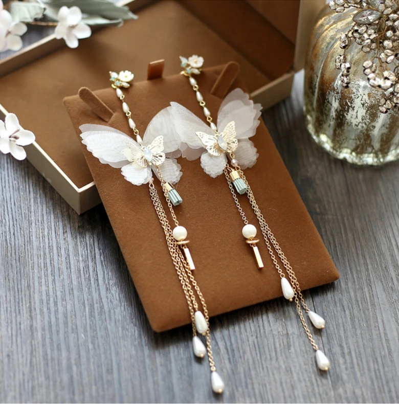 Super fairy butterfly female lo ng tassel earrings bride wedding dress rhinestones without pierced ear clips | Украшения и