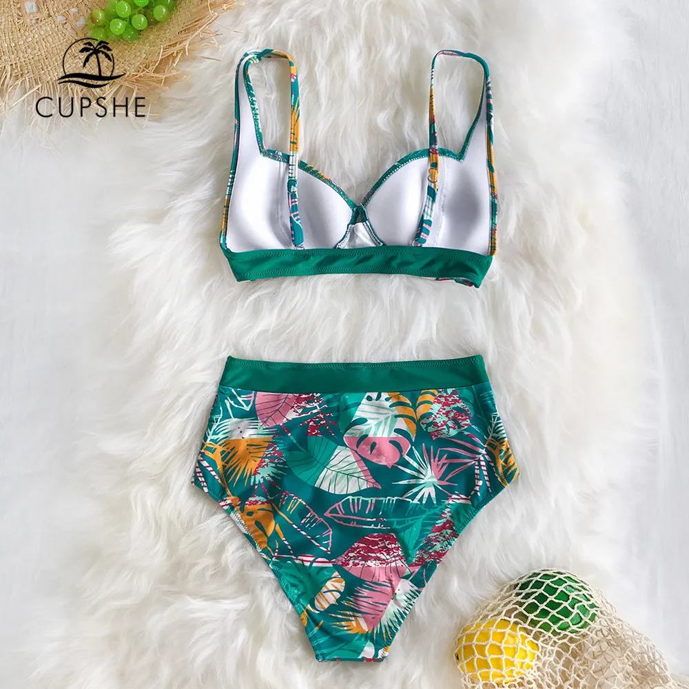 CUPSHE Ретро пальмовый принт с высокой талией бикини Зеленый купальник
