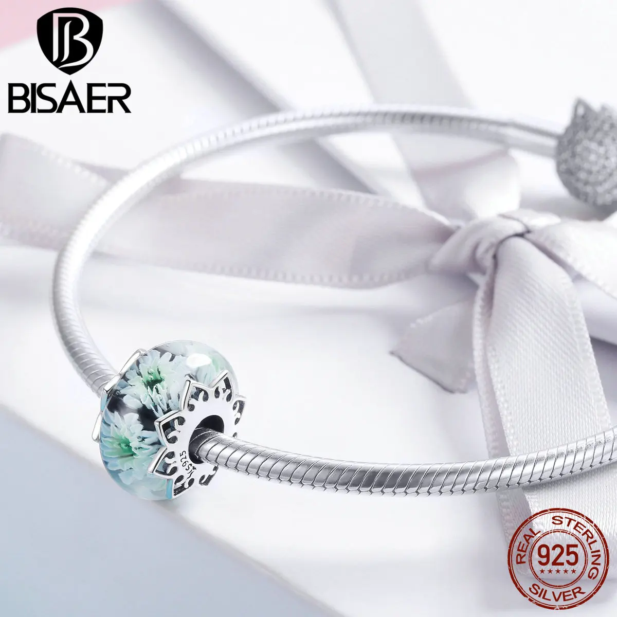 BISAER High Quality 925 Sterling Silver Cyan Flower European Glass Beads Perles fit Charms Bracelets DIY Jewelry Making ECC1011 | Украшения