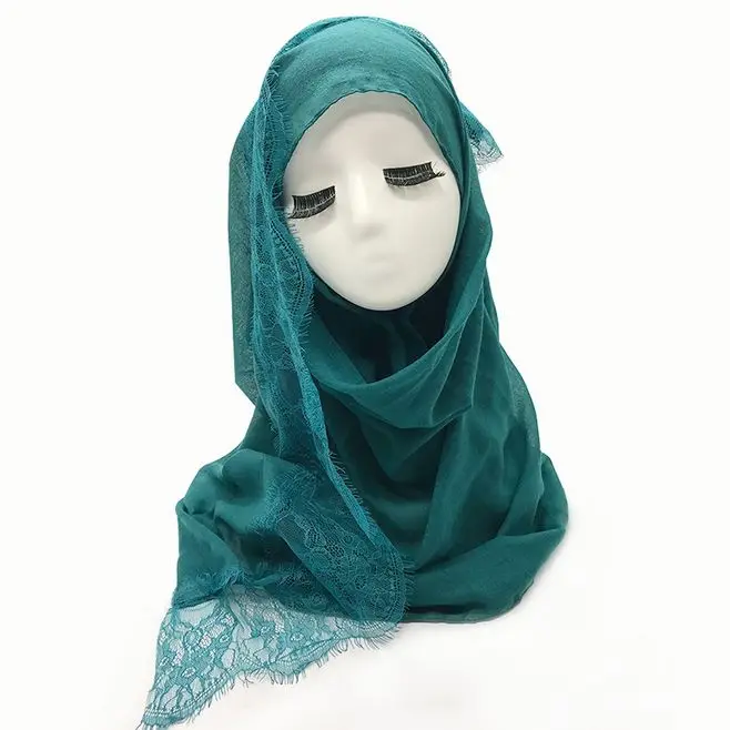 Wholesale Double Side Eyelash Lace Muslim Scarves Thin Cotton Islamic Hijabs Turban Wraps Women's Spring Long Shawl 10pcs/lot