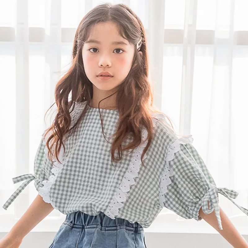 

Brand Baby T-shirt 2019 New Girls Lace Shirt Children Tops Kids Plaid T-shirt Toddler Summer Cotton Toddler Tee Shirt,#5087