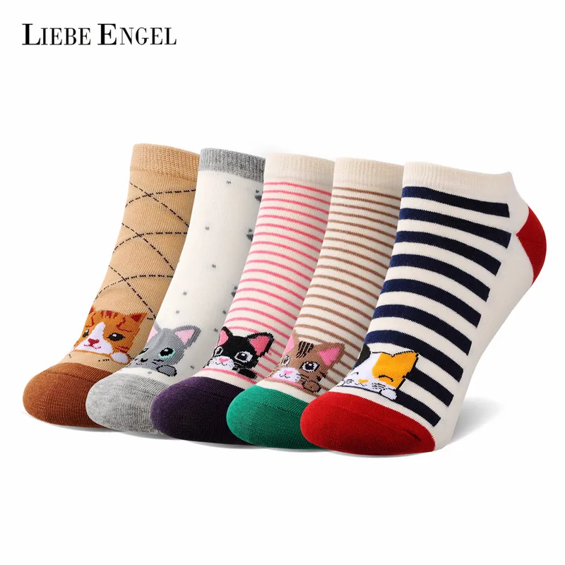 LIEBE ENGEL 5 пар/партия Kawaii женские носки милые Мультяшные кошки полосатые для женщин