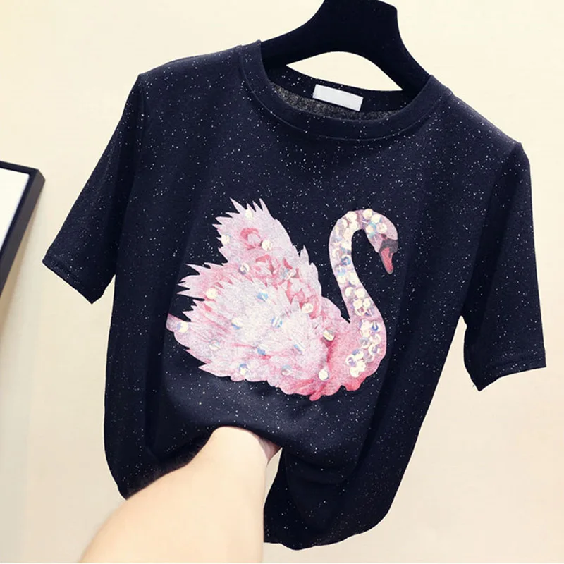 

MUMUZI 2019 spring and summer new loose sequins swan pattern t-shirt ice silk knit short-sleeved T-shirt women's tee tops