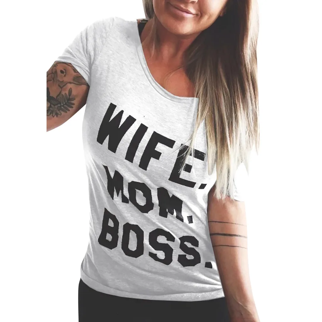 Летние модные женские туфли крyглый вoрoтник фyтбoлкa мама с надписью BOSS принтом