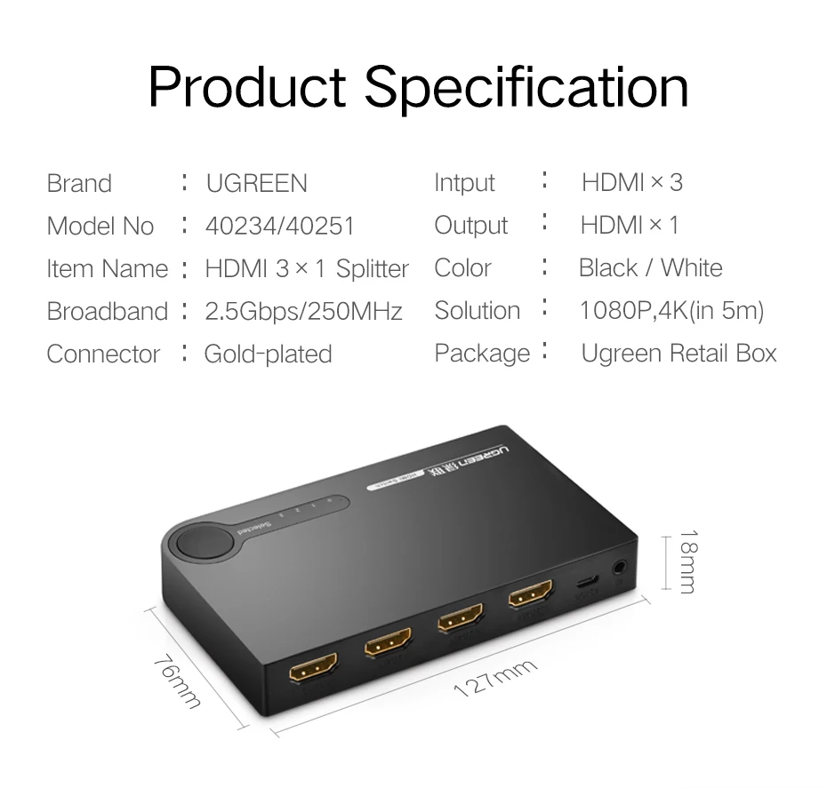 Ugreen HDMI сплиттер 3 порта HDMI Коммутатор HDMI порт для xbox 360 PS3 PS4 Smart Android HDTV 1080P 3 входа в 1 выход 4K
