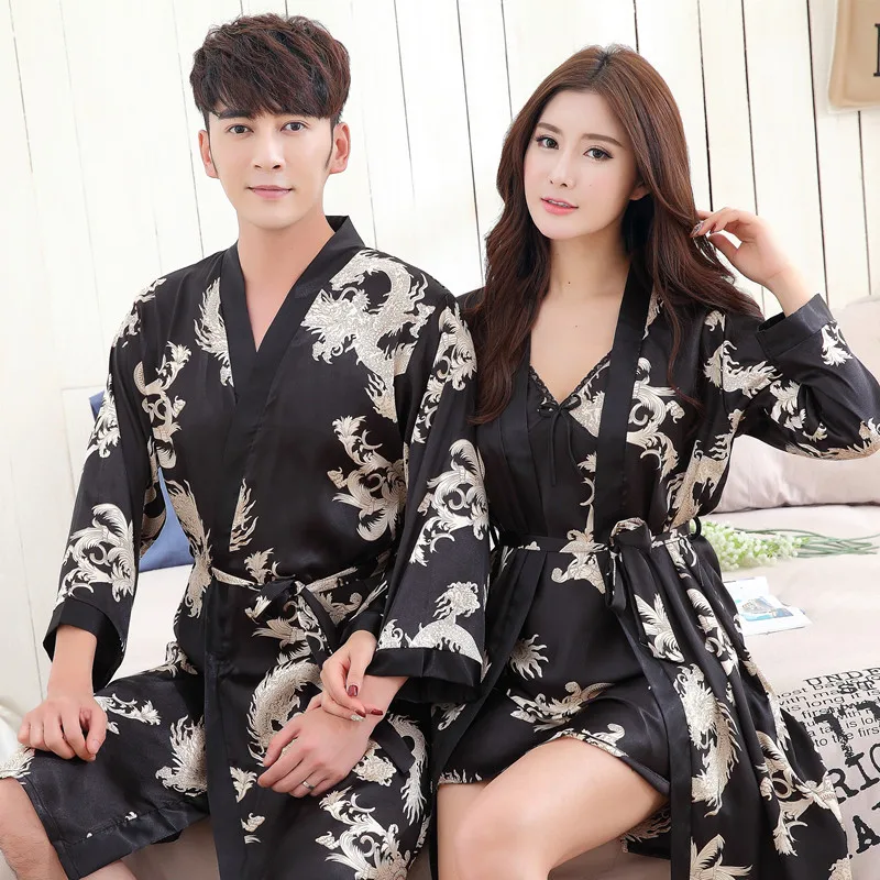 Халат кимоно Женский шелковый атласный банный халат для пар шелковая ночная