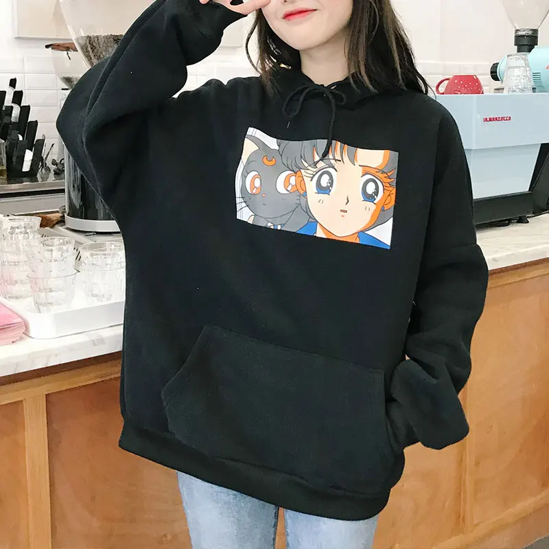 Harajuku Kawaii Сейлор Мун Толстовки Для женщин передний карман с рисунком капюшоном