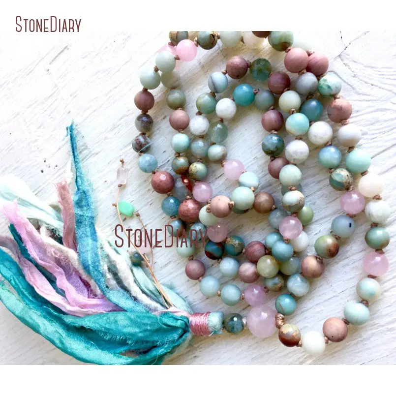 

108 Beads March Birthstone Rose Quartzs Aquamarines Amazonite African Opal Rhodonite Hand Knotted Mala Tassel Necklace NM11095