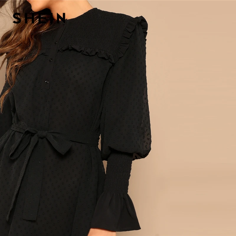 SHEIN Платье-Рубашка С Оригинальным Рукавом И Поясом, Стильное Платье С Длинными Рукавами