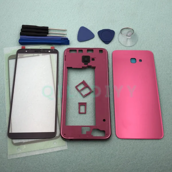 J4 Plus red J4+ полный корпус чехол для samsung Galaxy J4 Plus J415 J415F ЖК-панель средняя рамка Крышка батарейного отсека+ передняя стеклянная линза - Цвет: J4 Plus red