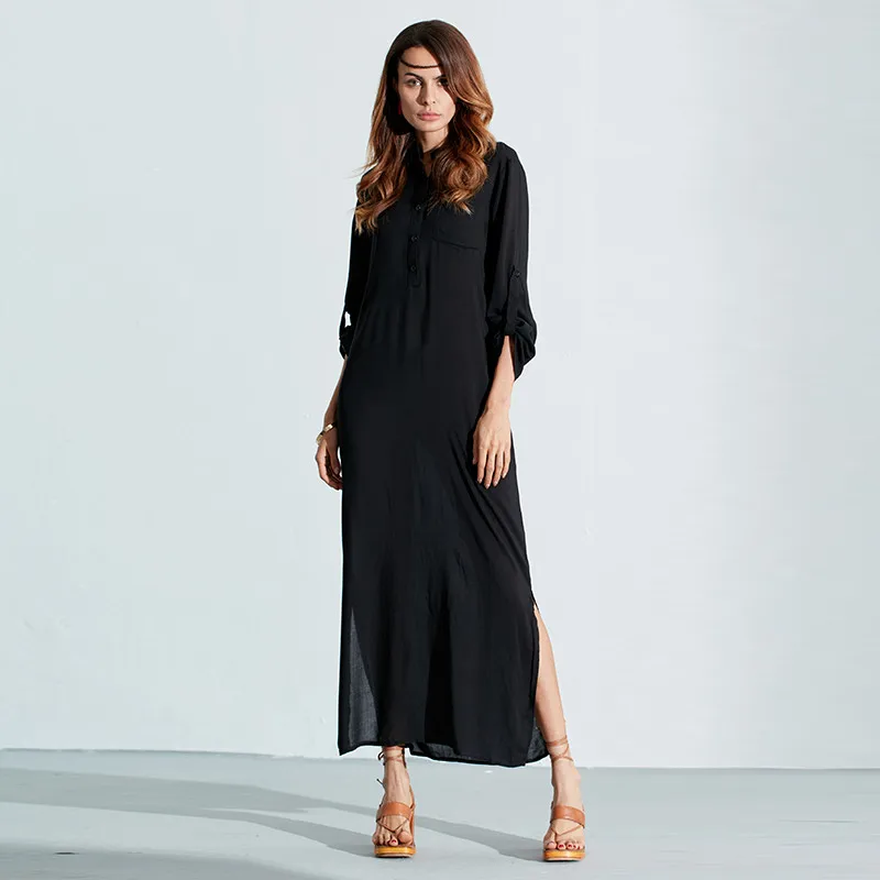 Zanzea Мода Vestidos осеннее женское сексуальное Повседневное платье с длинным рукавом глубокий v-образный вырез с разрезом Сплошное Длинное Платье Макси