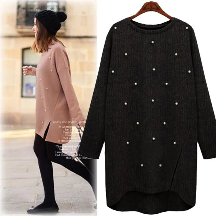 Oversize 4xl Loose Cashmere Sweater Plus Size Women Knitted Pullover Long Sweaters Beading Pearl Coat Autumn Winter Pull Femme | Женская