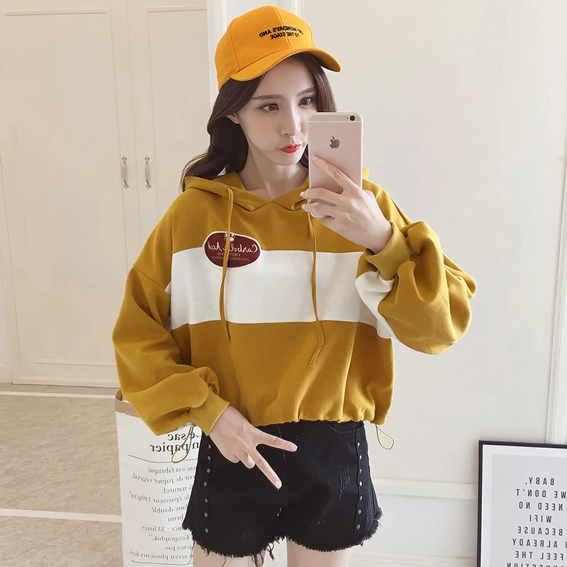 Новый модный брендовый осенний Свободный укороченный топ с капюшоном свитшоты