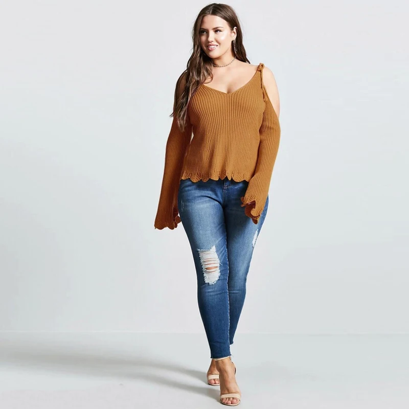 Сексуальный пояс с расклешенными рукавами свитера больших размеров 2018 Весна