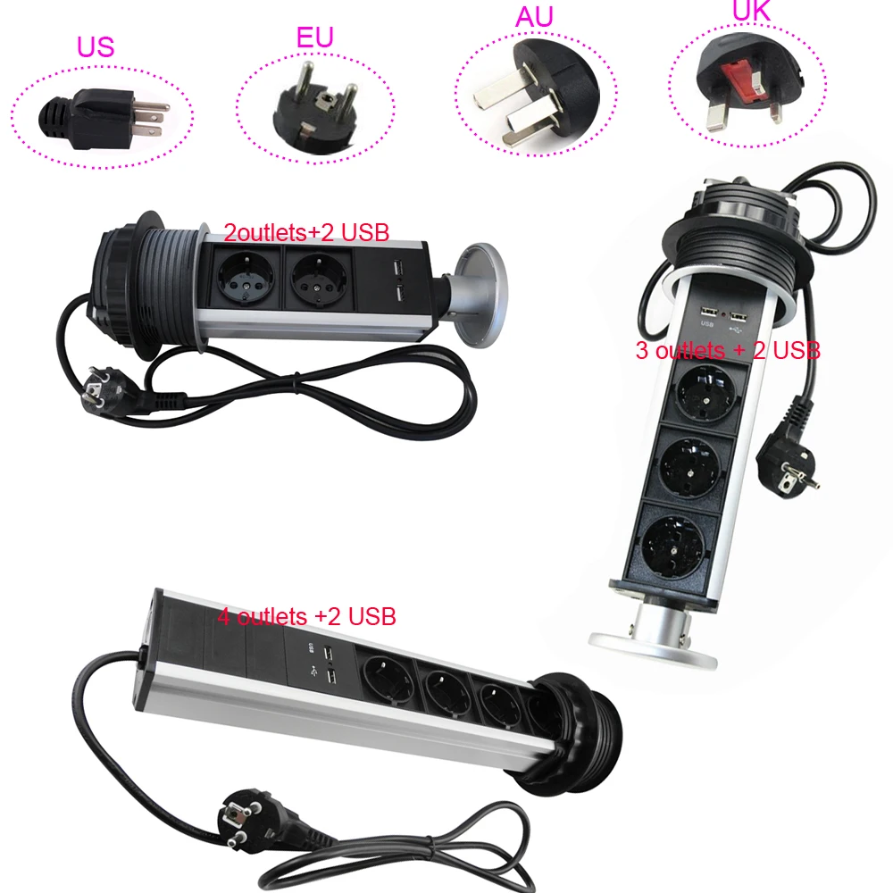 4 розетки/3 розетки/2 розетки+ 2 USB растягивающаяся розетка для кухни настольная столешница алюминиевый сплав серебряный корпус