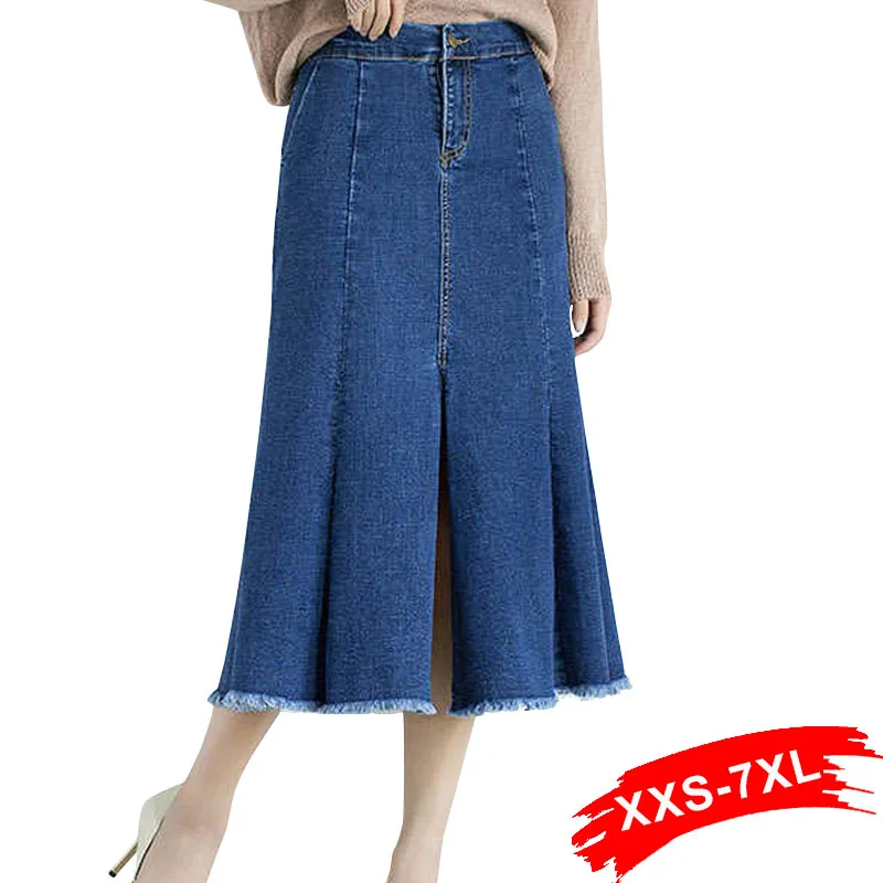 Плюс размер Сплит Передняя расклешенная джинсовая юбка 3Xl 5Xl 7Xl летняя длинная