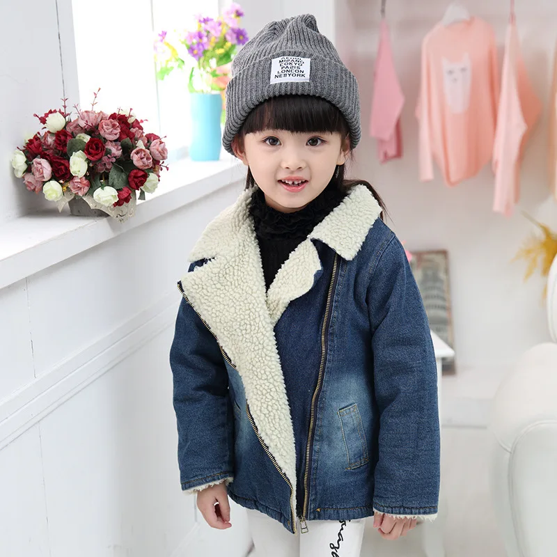 Зимнее пальто для детей новинка 2017 однотонное джинсовое полупальто девочек и