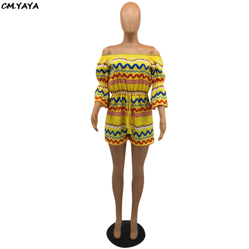 Женский комбинезон с открытыми плечами пляжный в полоску рукавами три четверти