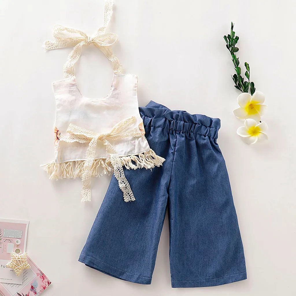 Комплекты для детей кружевные топы с кисточками и подсолнечником маленьких