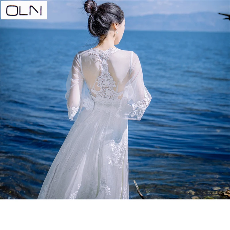 Женское длинное Сетчатое платье белое кружевное для отдыха на море Корейская