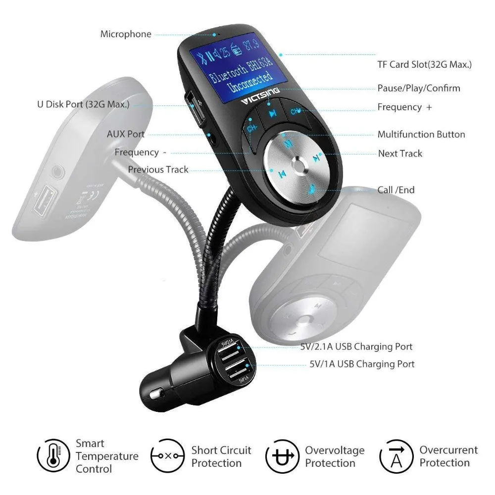 Автомобильный fm передатчик VicTsing Bluetooth MP3 музыкальный плеер AUX TF u диск 3 USB порты