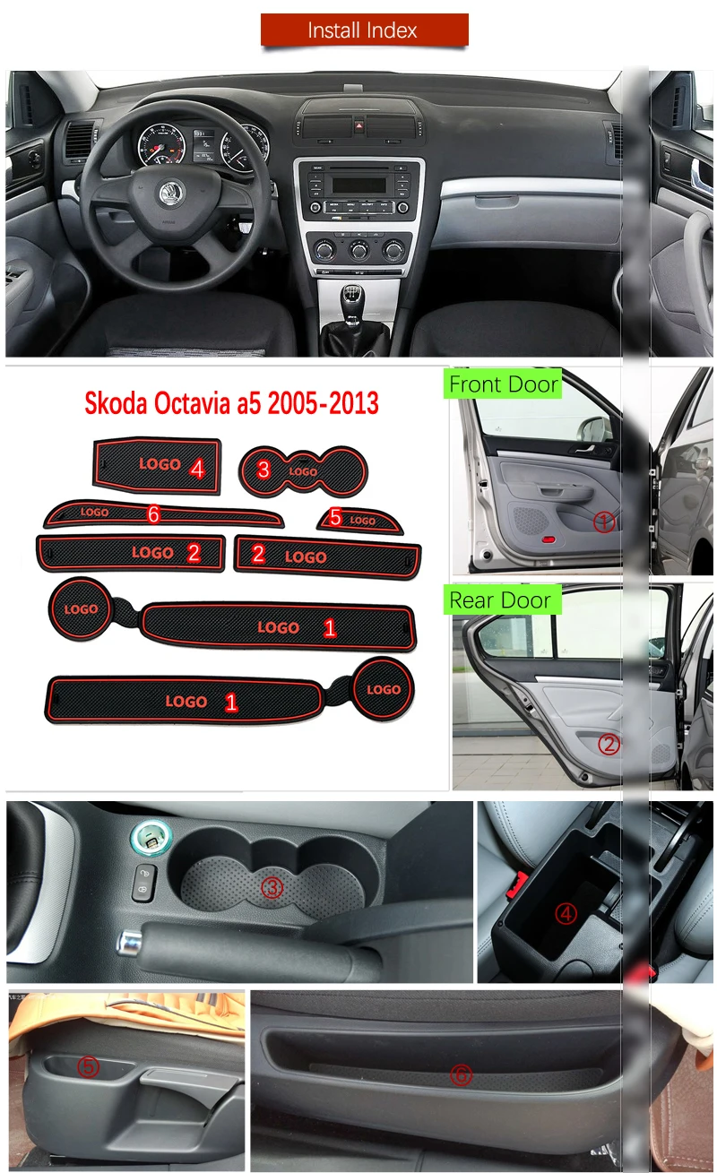Противоскользящий резиновый коврик слот для ворот Skoda Octavia A5 2005 2006 2007 2008 2009 2010 2011