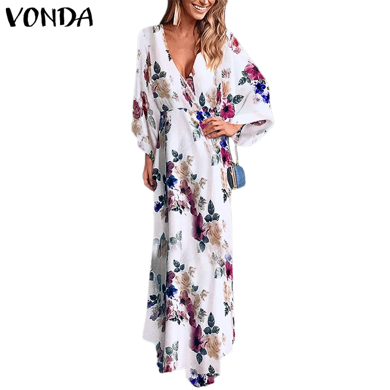 VONDA, осенне-летнее платье, женское, Цветочный, сексуальный сарафан, макси, длинное, Vestido, для вечеринки, пляжное платье, Femme, цветочный рисунок, размера плюс, 5XL