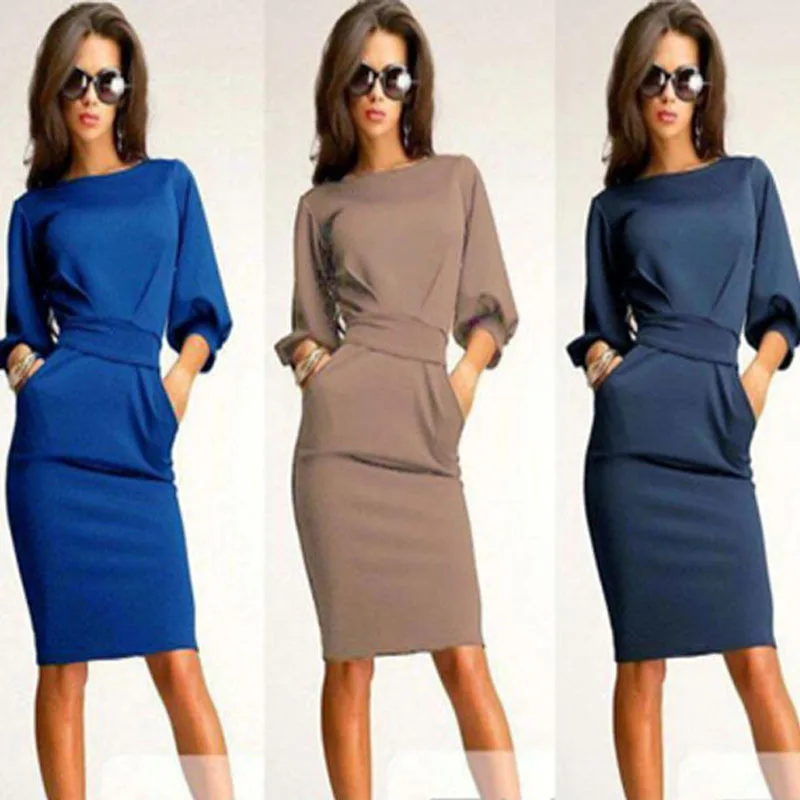 Новое платье Vestidos с О образным вырезом и поясом длиной до колена Женская рабочая