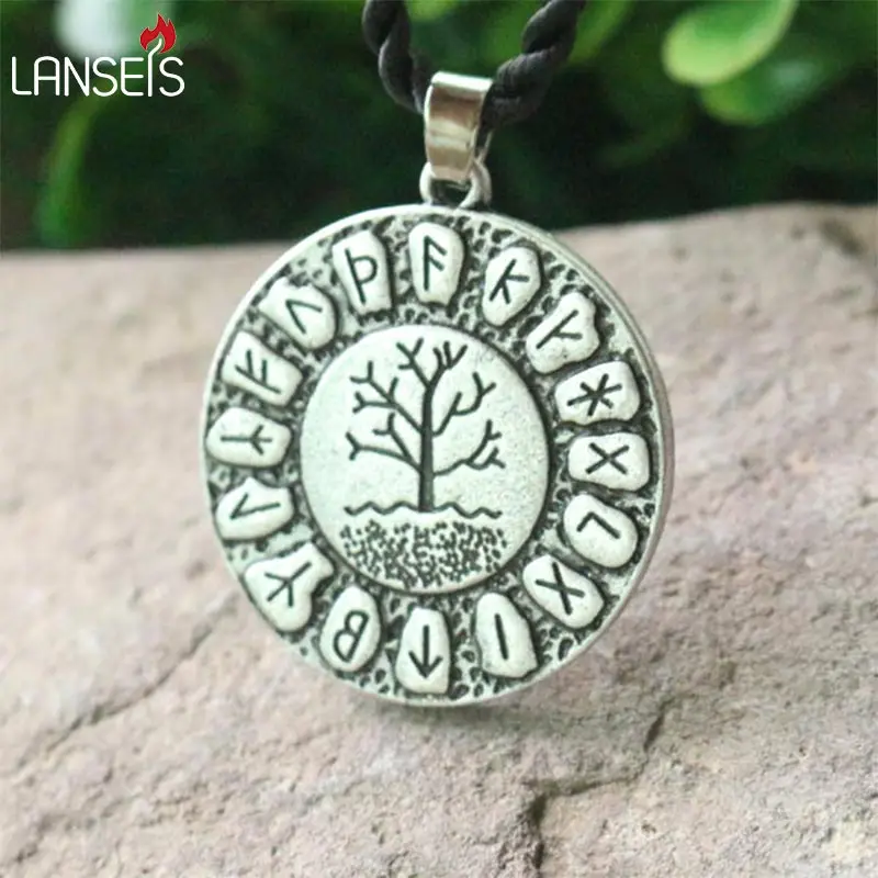 

lanseis 10pc Yggdrasil Rune Necklace Viking Futhark Runes Tree Of Life Pendant Dragon Soul norse letter symbol World Tree