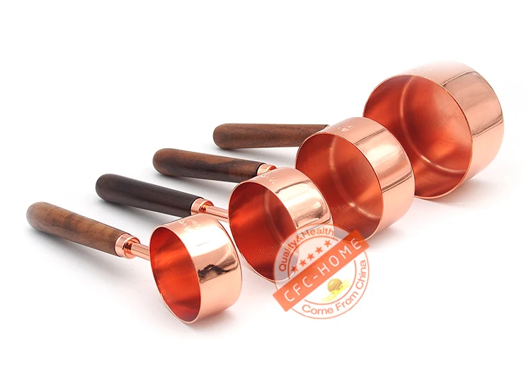 Из меди и нержавеющей стали мерные чашки, набор из 4-Gorgeous-Heavy Duty, зеркальная полировка, деревянные ручки