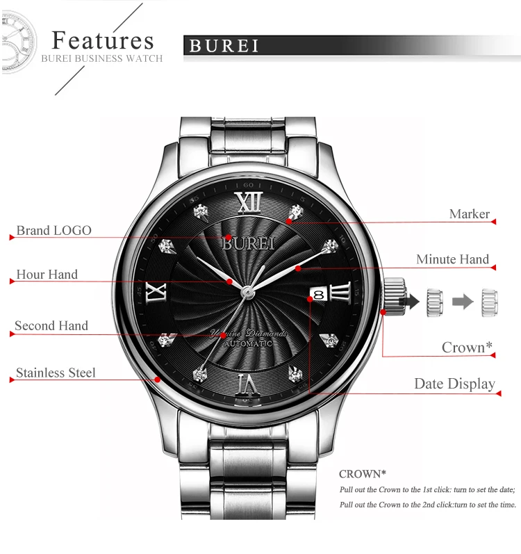 Montre Homme BUREI часы люксовый бренд мужские водонепроницаемые механические Автоматические наручные часы мужские часов Relogio Masculino