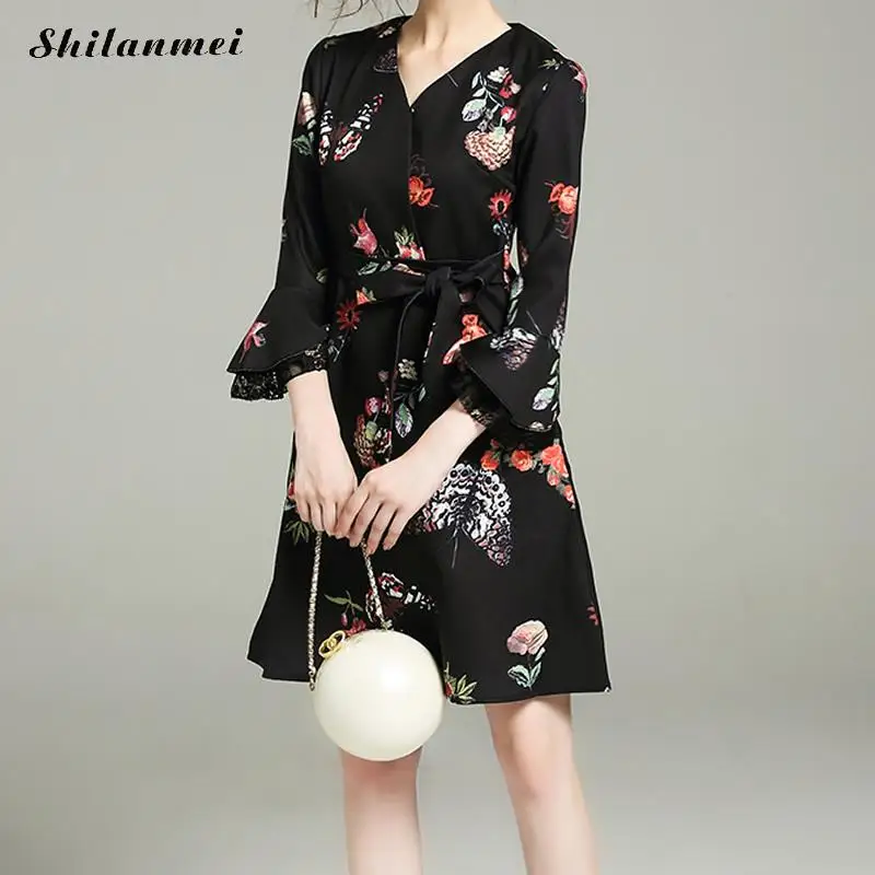 Кружева лоскутное элегантный рубашка платье с v образным вырезом принтом бабочки