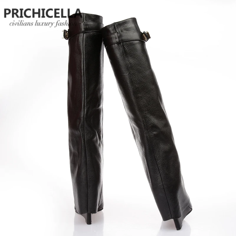 PRICHICELLA/высокие сапоги-гладиаторы до колена из натуральной кожи с острым носком и пряжкой на ремешке; size34-42