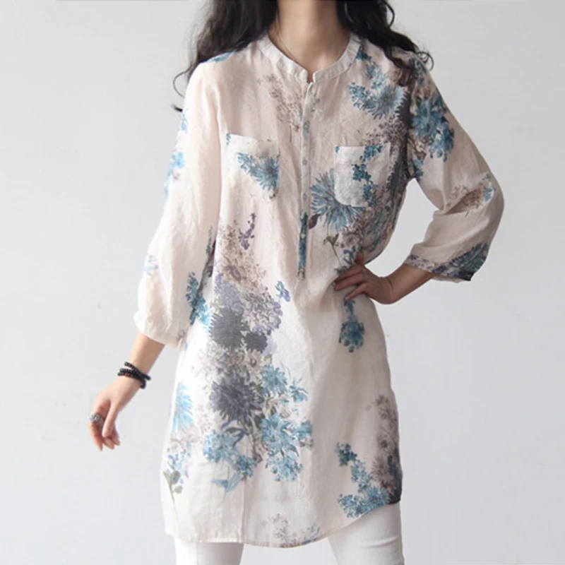 Блузка женская летняя из хлопка и льна с рукавом три четверти|Блузки| |