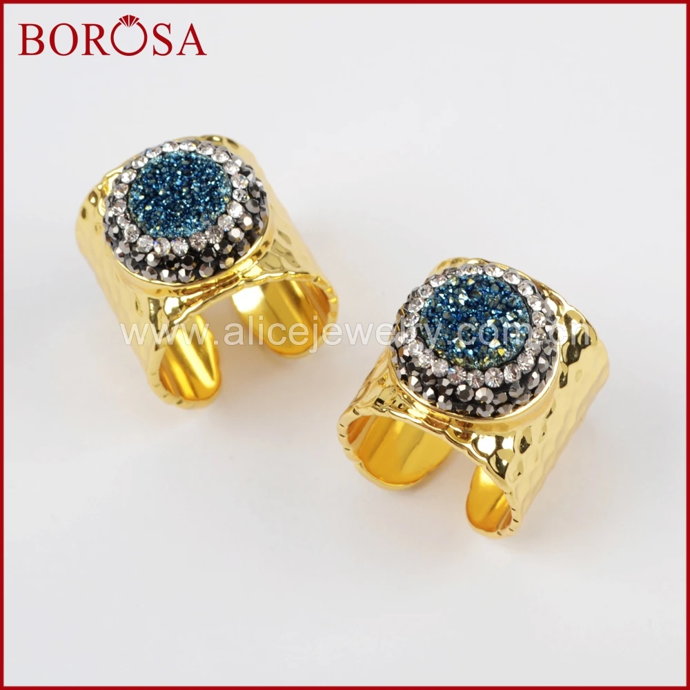 

BOROSA Druzy Cuff Ring for Women,Round Titanium Rainbow Drusy With Crystal Rhinestone Pave Gold Band Ring for Wholesale JAB755