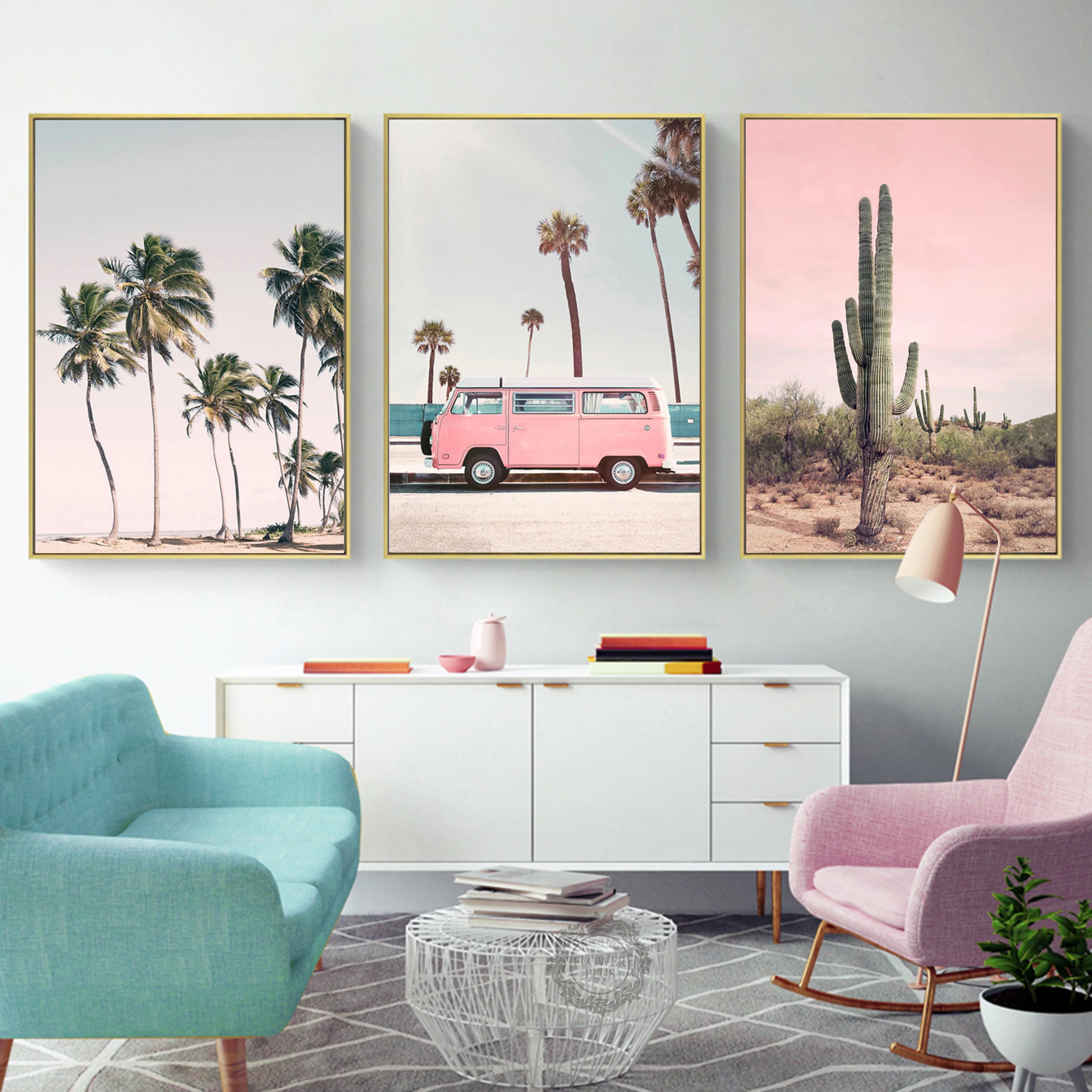 

Pink Bus Cactus Pineapple Blue Sea Beach Wall Art Canvas Painting Nordic Wall Pictures For Living Room Decor quadro cuadros