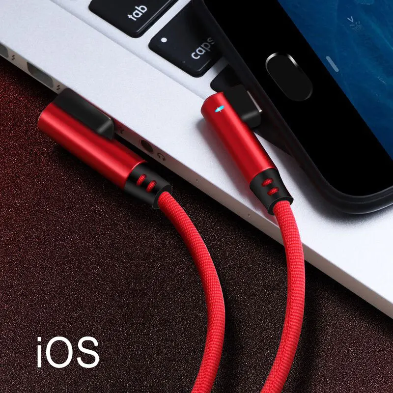iOS-Red Двойной кабель для передачи данных игровой кабель для зарядки 90 градусов под прямым углом провода мобильного телефона с светильник для android type c iOS - Цвет: iOS-Red