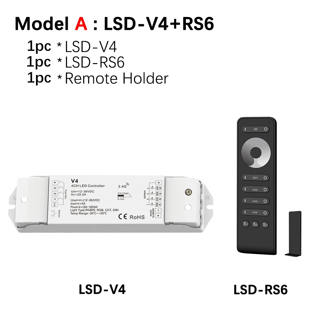 A Model Светодиодный затемнитель 12V 4x5A 20A выход приемник Цифровой индикатор V4 с RS6 беспроводной Радиочастотный пульт 4 канала тусклый отдельно диммер - Цвет: A Model