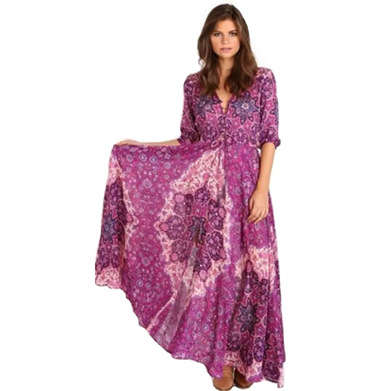 Платье BOHOFREE Пляжное длинное платье в стиле бохо с треугольным вырезом рукавом 3/4