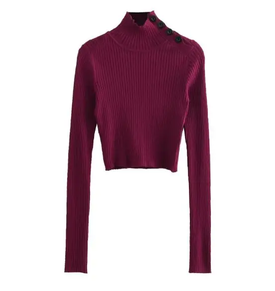 Короткий свитер с высоким воротником и открытыми пуговицами черный вязаный