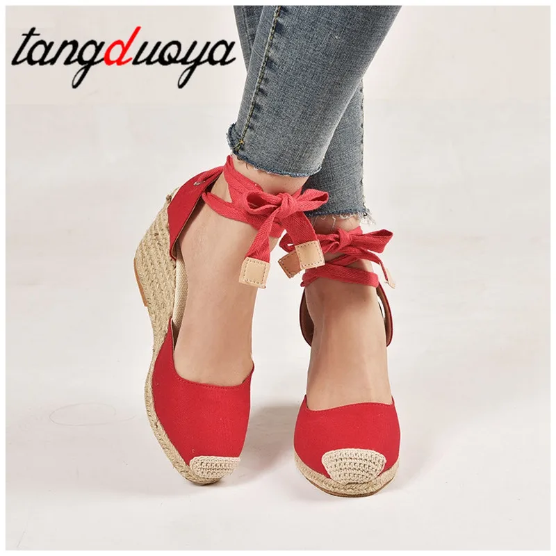 2019 Женские повседневные льняные парусиновые сандалии на танкетке сезон весна