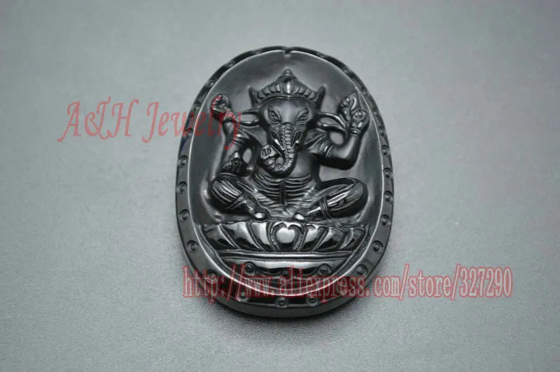 Thailand Black Obsidian Fine Carved Relief Ganesh Pendants For Sweater Chain Necklace Making Materials 5pc/lot | Украшения и