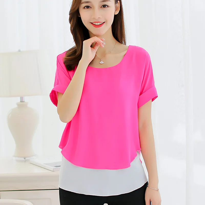 2017 Новая мода сезон: весна–лето круглым вырезом короткий рукав шифон Рубашки для