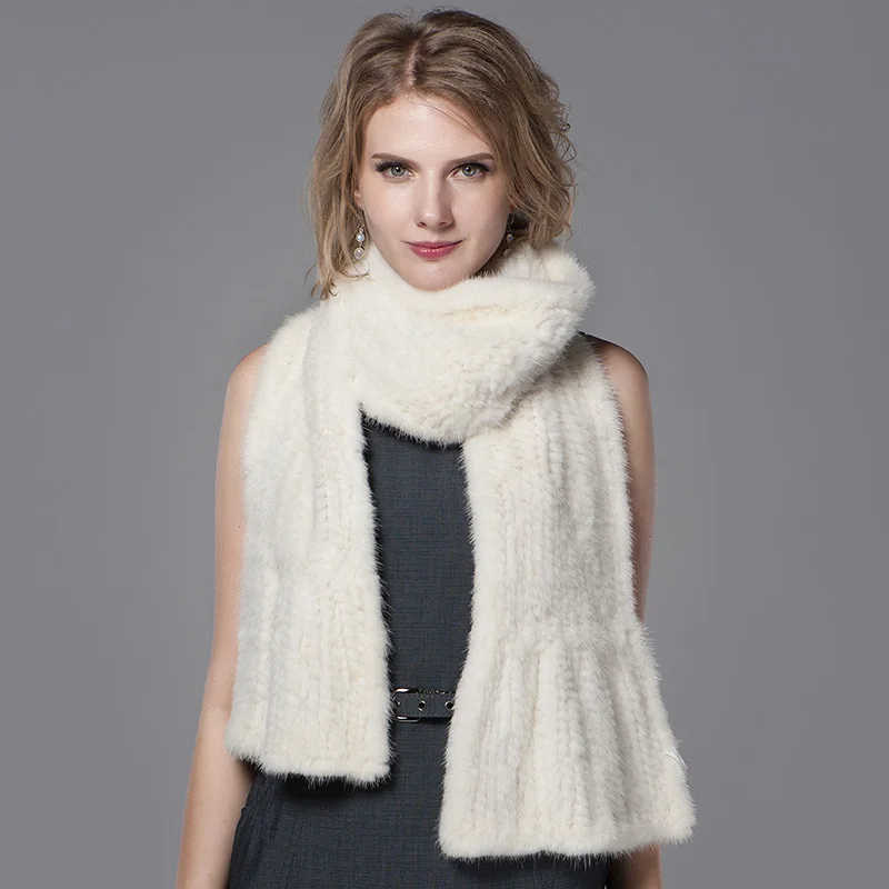 white mink Ms.MinShu Natural Mink Fur Scarf Hand Knitted Long Mink Fur Scarf Woman Winter Scarf Wrap Genuine Mink Fur Shawl Female - Цвет: white mink