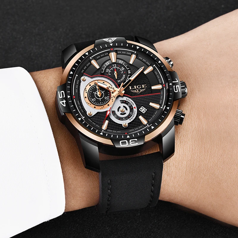 Часы наручные LIGE Мужские кварцевые брендовые Роскошные водонепроницаемые
