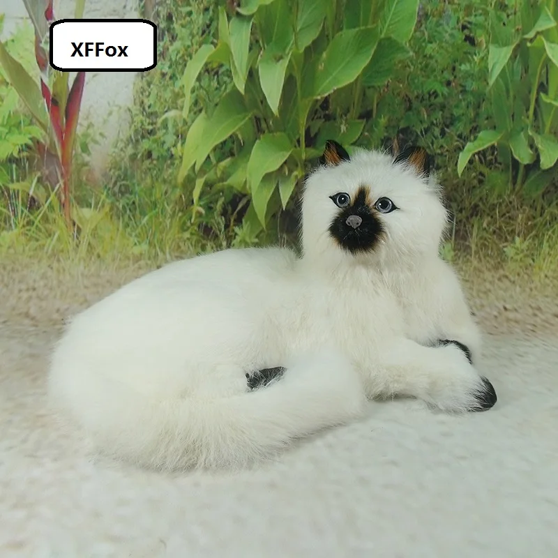 big new real life lying black mouth cat model plastic&furs beautiful white cat doll gift about 30x16x21cm xf1434