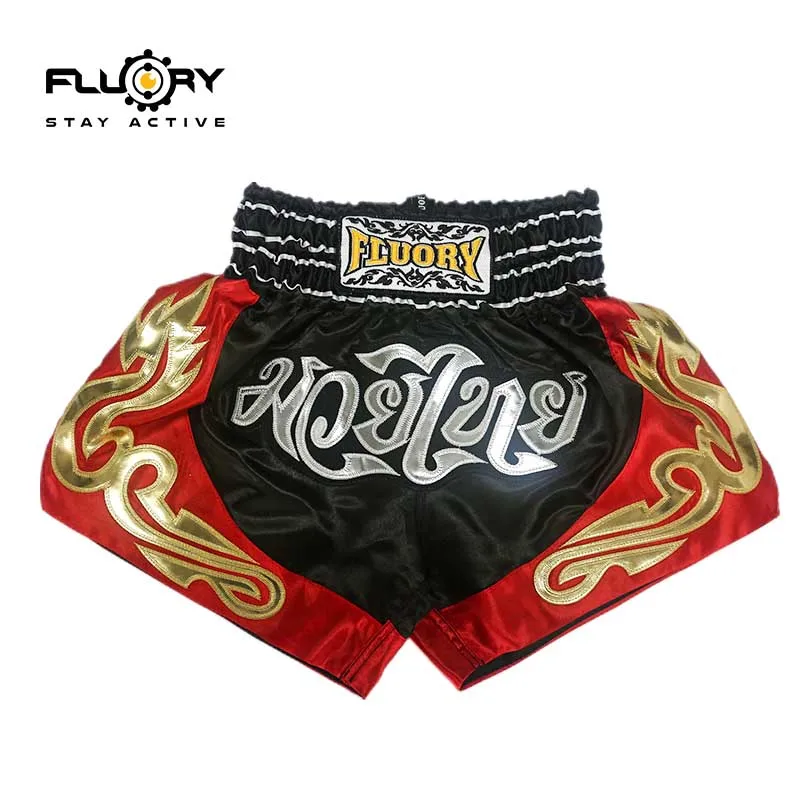 Шорты FLUORY Muay Thai высококачественные шорты для тайского бокса для смешанных боевых искусств для зала шорты для кикбоксинга для детей мальчиков и девочек Боевая тренировка - Цвет: black
